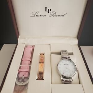 Lucien Piccard‎ Eterno Silver Tone 40mm Watch and Bangle Set  Extra Strap NWOT